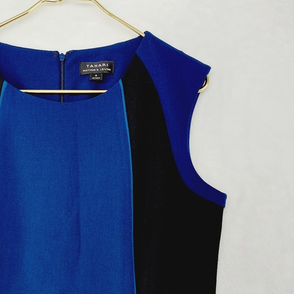 Tahari Arthur S. Levine Black and Blue Pencil Crew Neck Midi Dress P2987 - Picture 3 of 8
